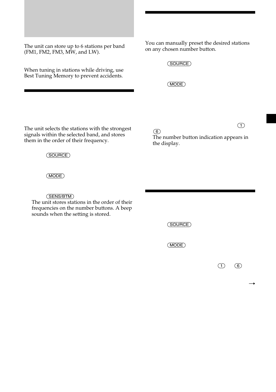 Storing only the desired stations, Receiving the stored stations, Radio | Storing stations automatically | Sony CDX-CA600 User Manual | Page 13 / 132