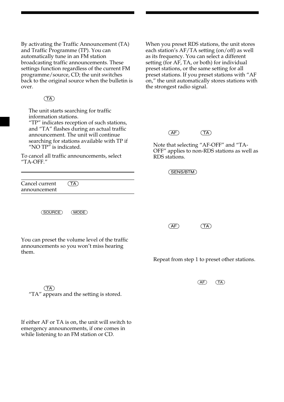 Receiving traffic announcements — ta/tp, Presetting rds stations with af and ta setting, 16 presetting rds stations with af and ta setting | Receiving traffic announcements | Sony CDX-CA600 User Manual | Page 16 / 132