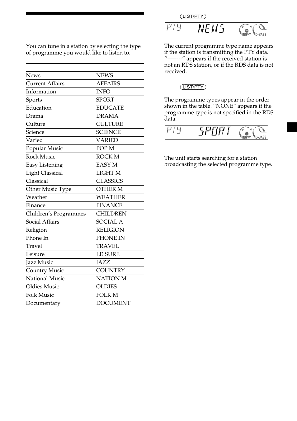 Tuning in stations by programme type — pty, 17 tuning in stations by programme type | Sony CDX-CA600 User Manual | Page 17 / 132