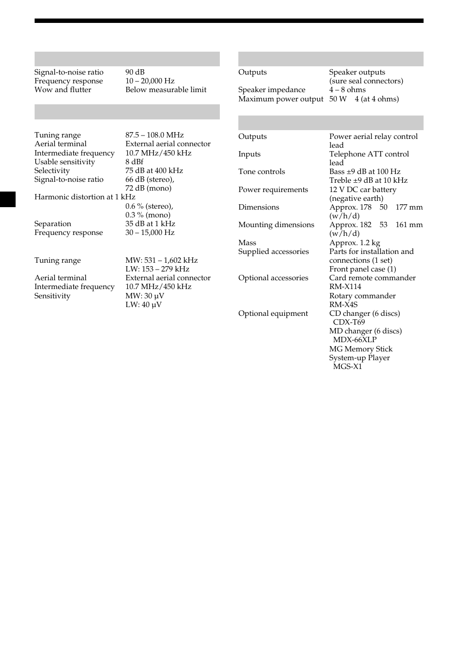 Specifications, 24 specifications, General | Sony CDX-CA600 User Manual | Page 24 / 132