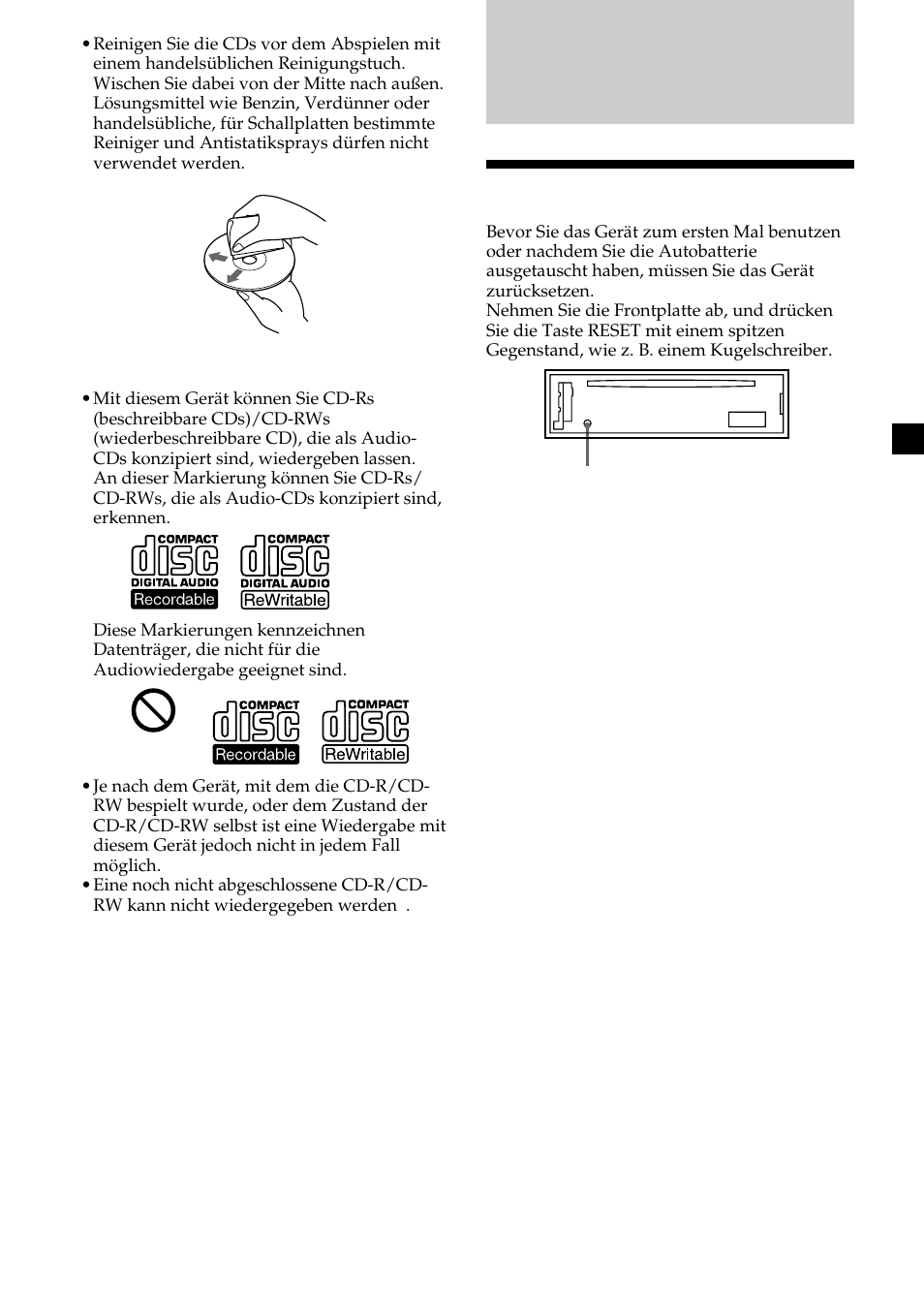 Vorbereitungen, Zurücksetzen des geräts | Sony CDX-CA600 User Manual | Page 33 / 132