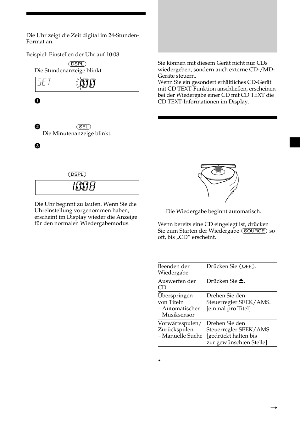 Cd-player cd/md-gerät (gesondert erhältlich), 9einstellen der uhr, Wiedergeben einer cd/md | Sony CDX-CA600 User Manual | Page 35 / 132