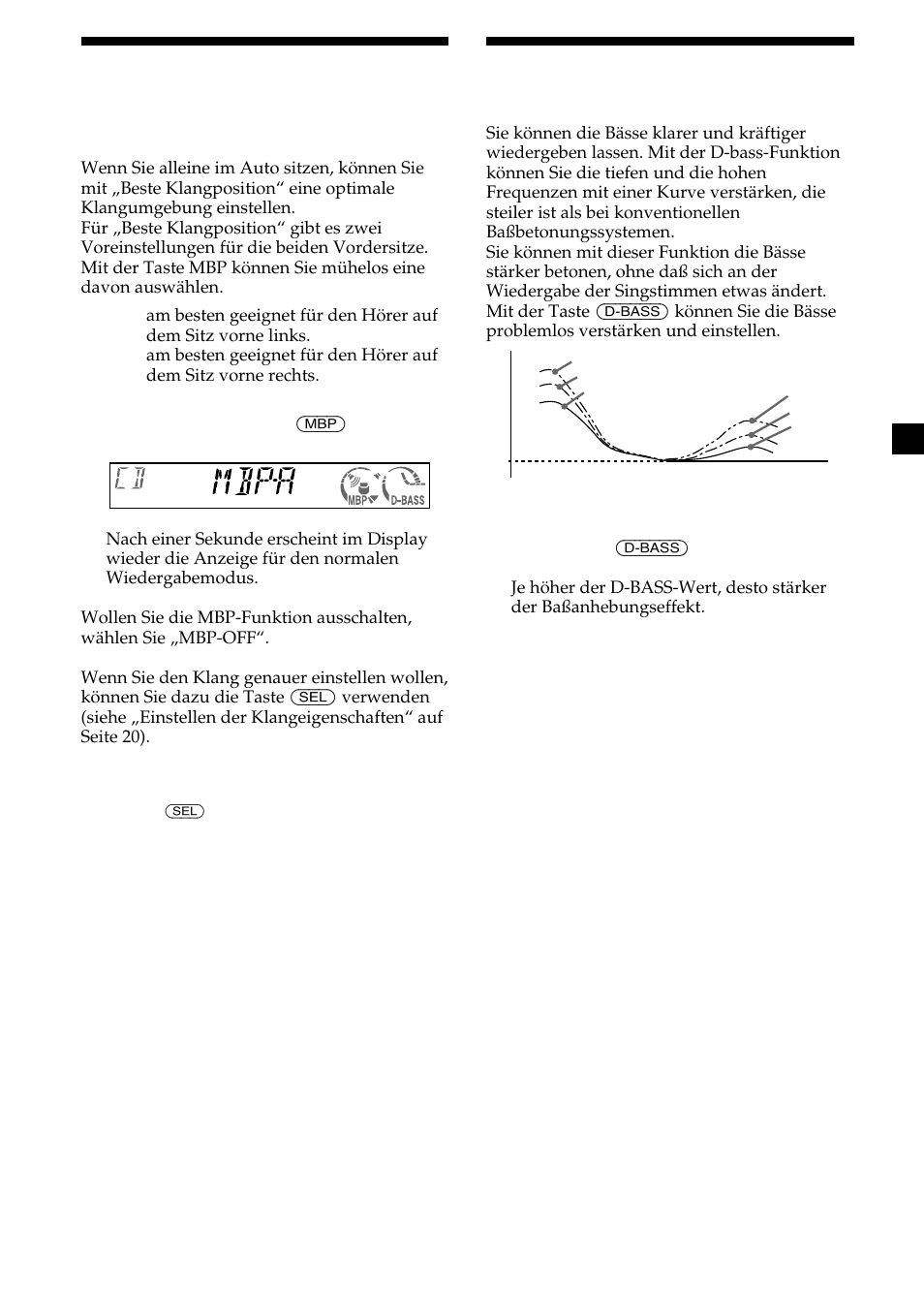 Betonen der bässe, Auswählen der klangposition, D-bass | Beste klangposition (mbp) | Sony CDX-CA600 User Manual | Page 47 / 132