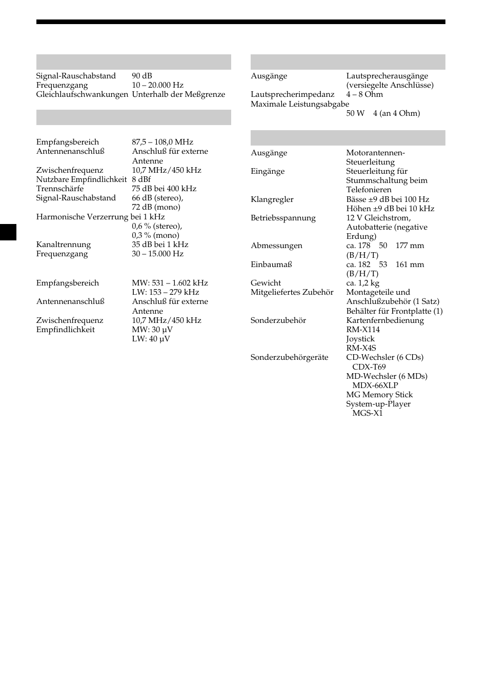 24 technische daten, Cd-player, Radio | Endverstärker, Allgemeines | Sony CDX-CA600 User Manual | Page 50 / 132