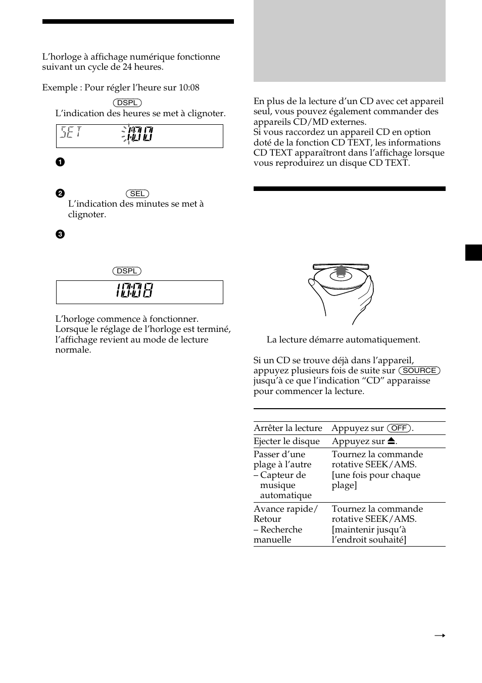 Lecteur cd appareil cd/md (en option), 9réglage de l’horloge, Lecture d’un disque | Sony CDX-CA600 User Manual | Page 61 / 132