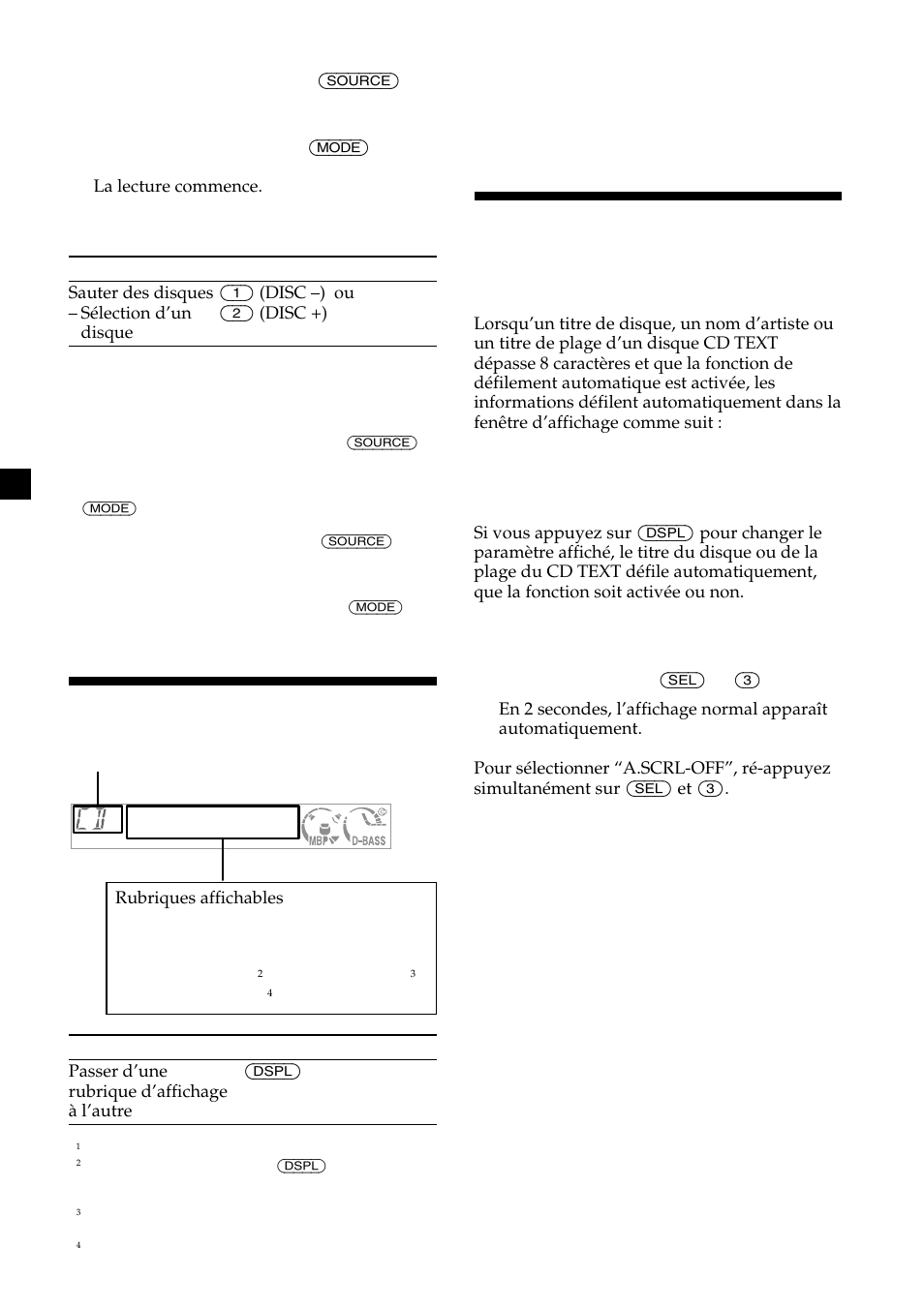 Défilement automatique d’un nom, Rubriques d’affichage | Sony CDX-CA600 User Manual | Page 62 / 132