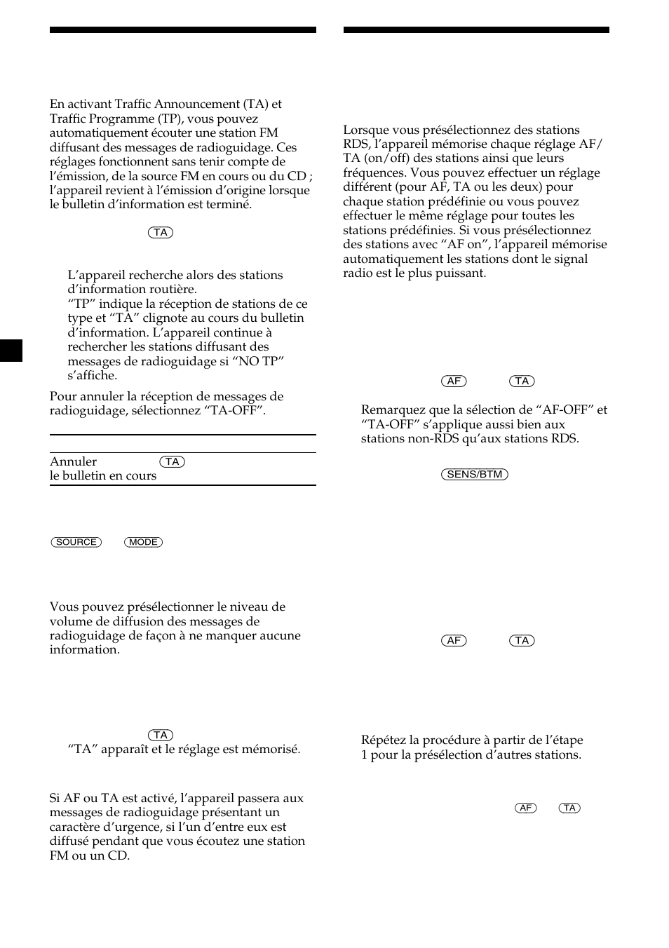 Ecoute des messages de radioguidage | Sony CDX-CA600 User Manual | Page 68 / 132