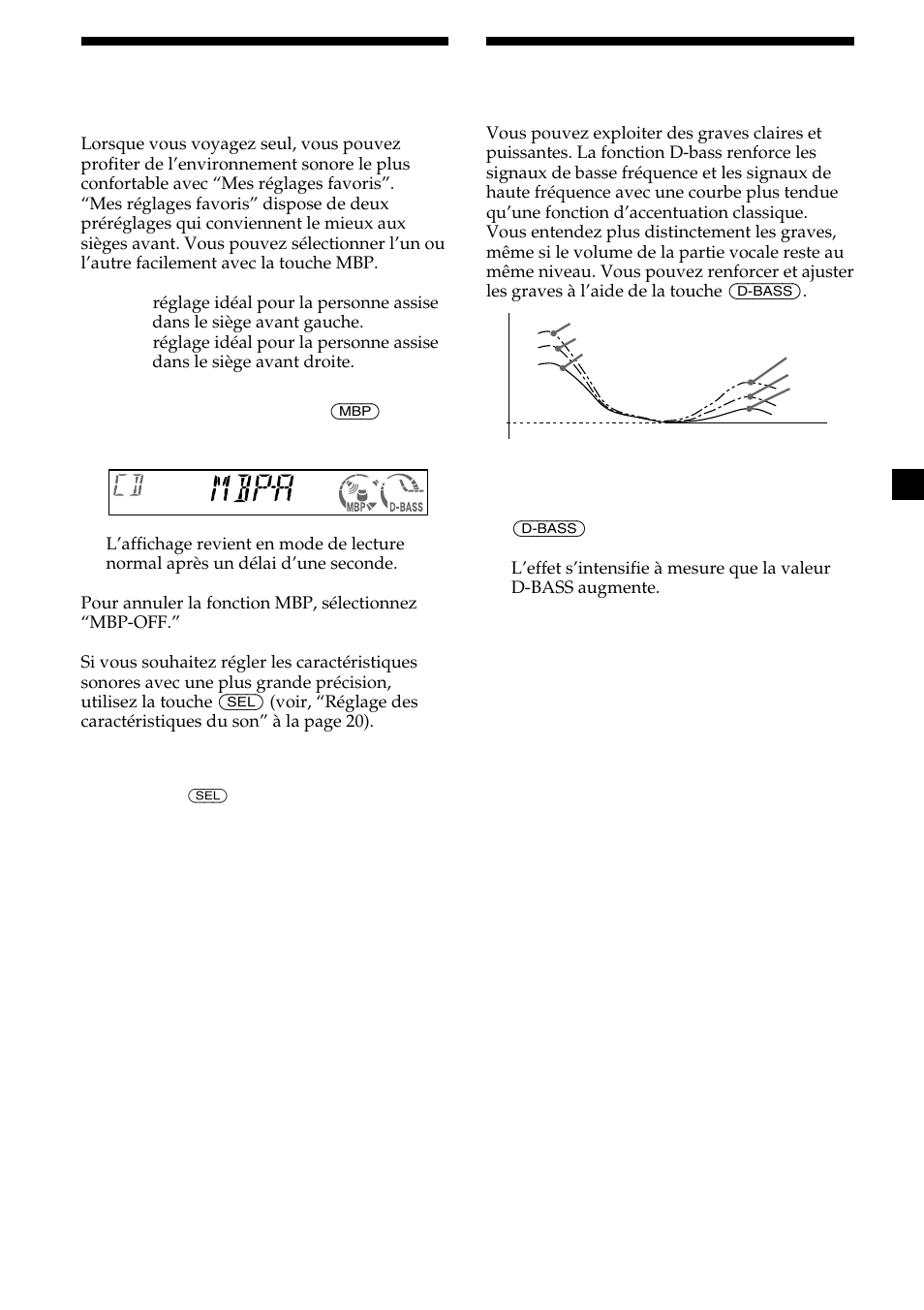 Renforcement des graves, Sélection des réglages favoris, D-bass | Mes réglages favoris (mbp) | Sony CDX-CA600 User Manual | Page 73 / 132