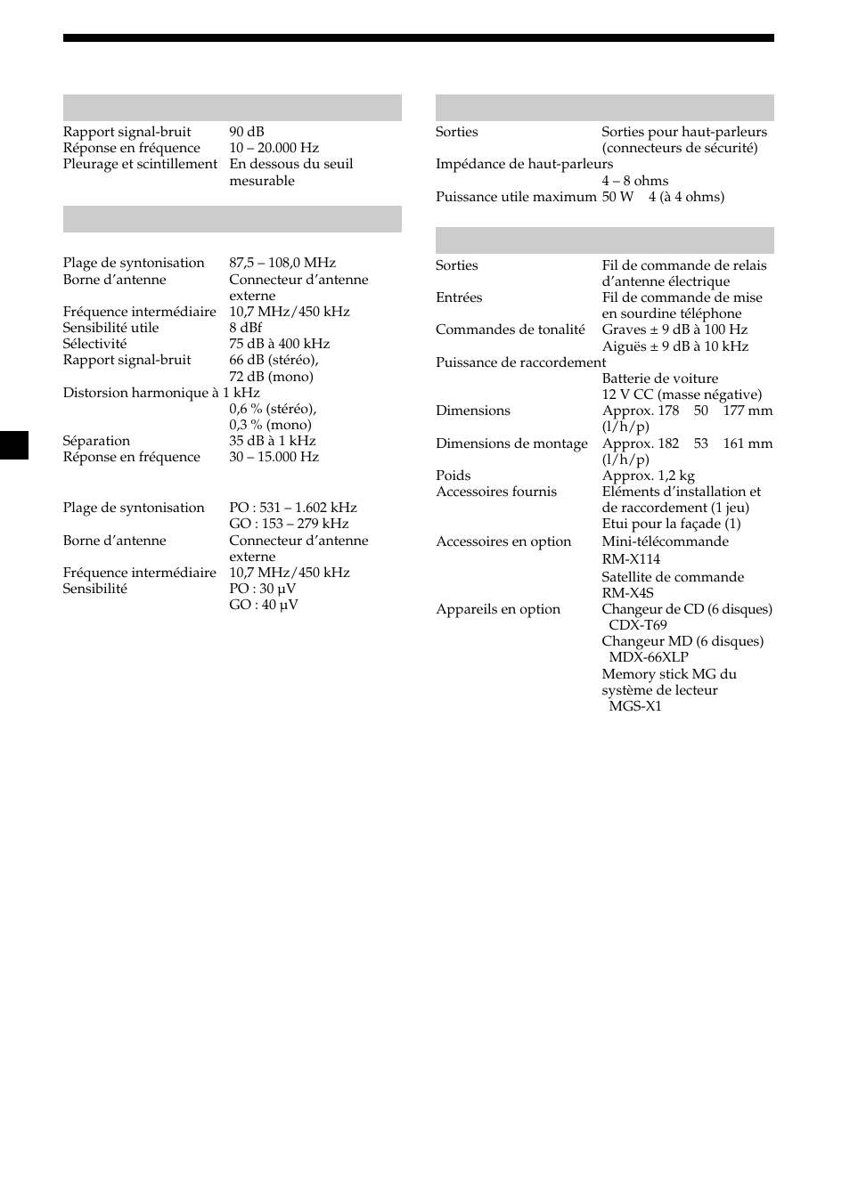 24 spécifications, Lecteur cd, Radio | Amplificateur de puissance, Caractéristiques générales | Sony CDX-CA600 User Manual | Page 76 / 132