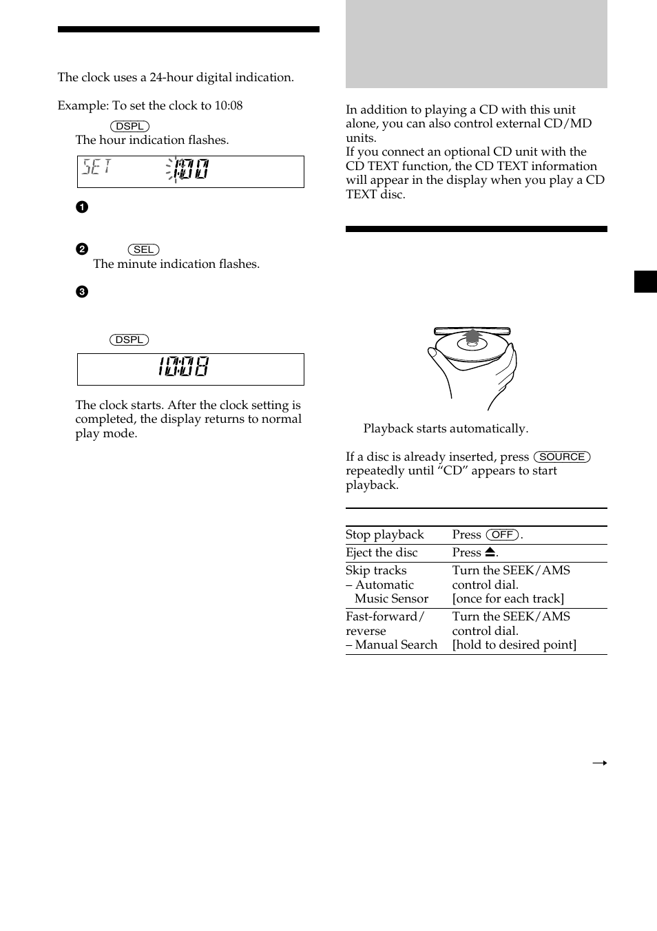 Setting the clock, Playing a disc, Cd player cd/md unit (optional) | 9setting the clock | Sony CDX-CA600 User Manual | Page 9 / 132