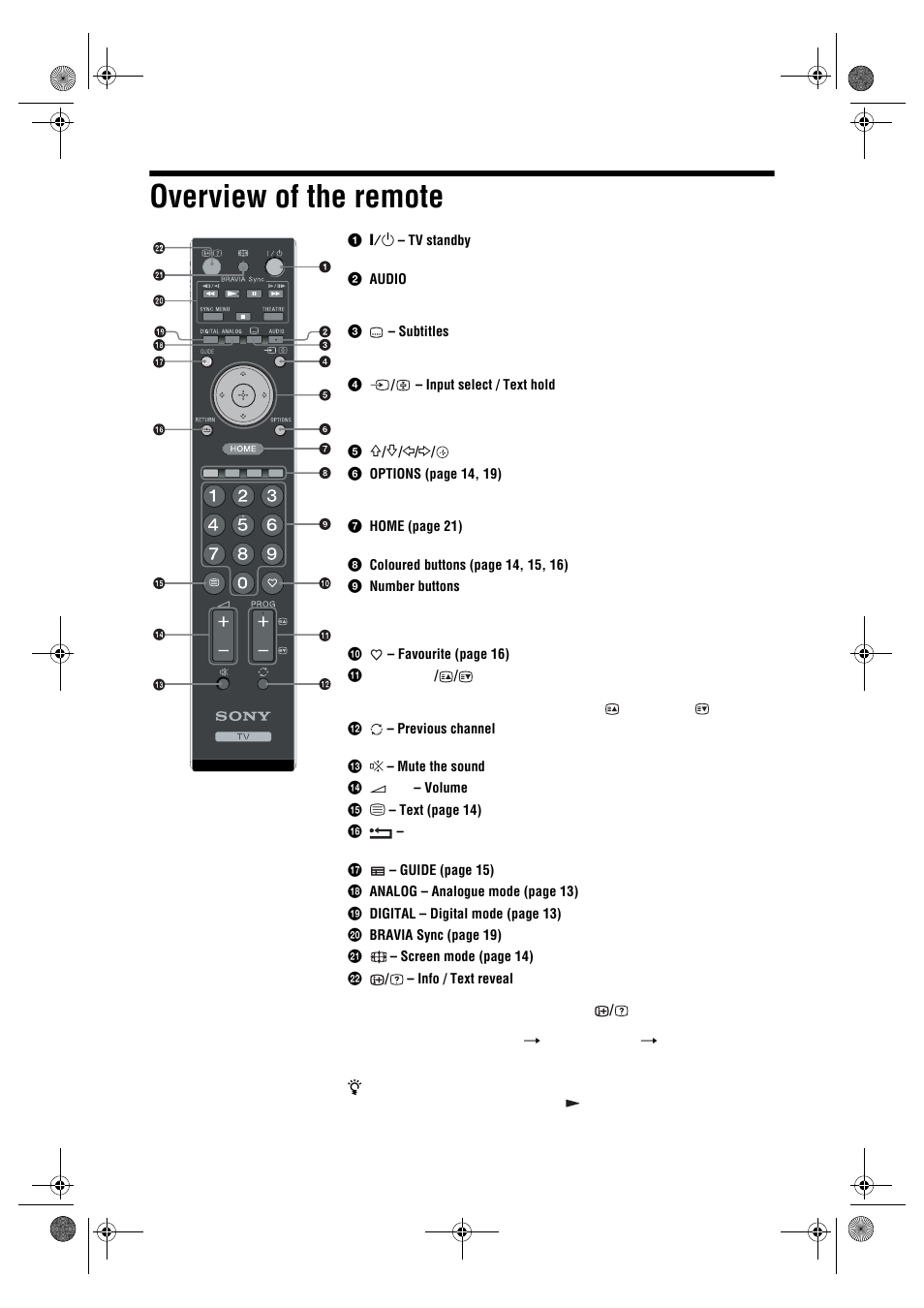 Overview of the remote | Sony Bravia KDL-26E40xx User Manual | Page 11 / 36