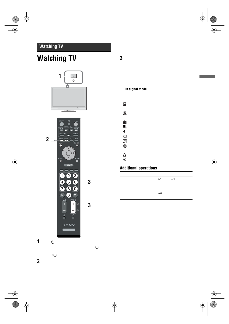 Watching tv | Sony Bravia KDL-26E40xx User Manual | Page 13 / 36