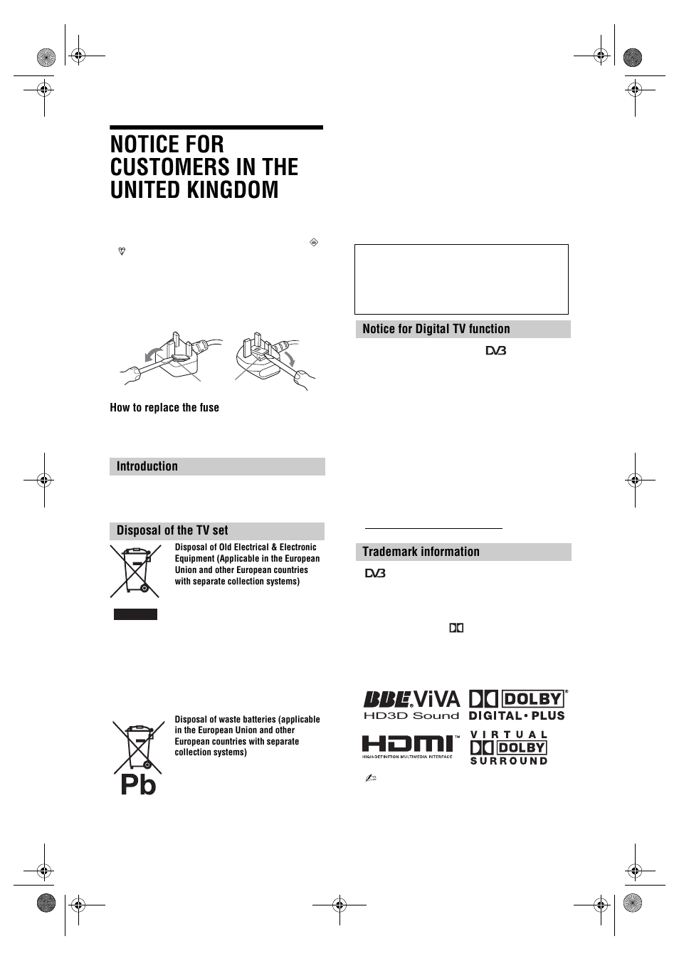 Notice for customers in the united kingdom, Viva, Introduction disposal of the tv set | Sony Bravia KDL-26E40xx User Manual | Page 2 / 36