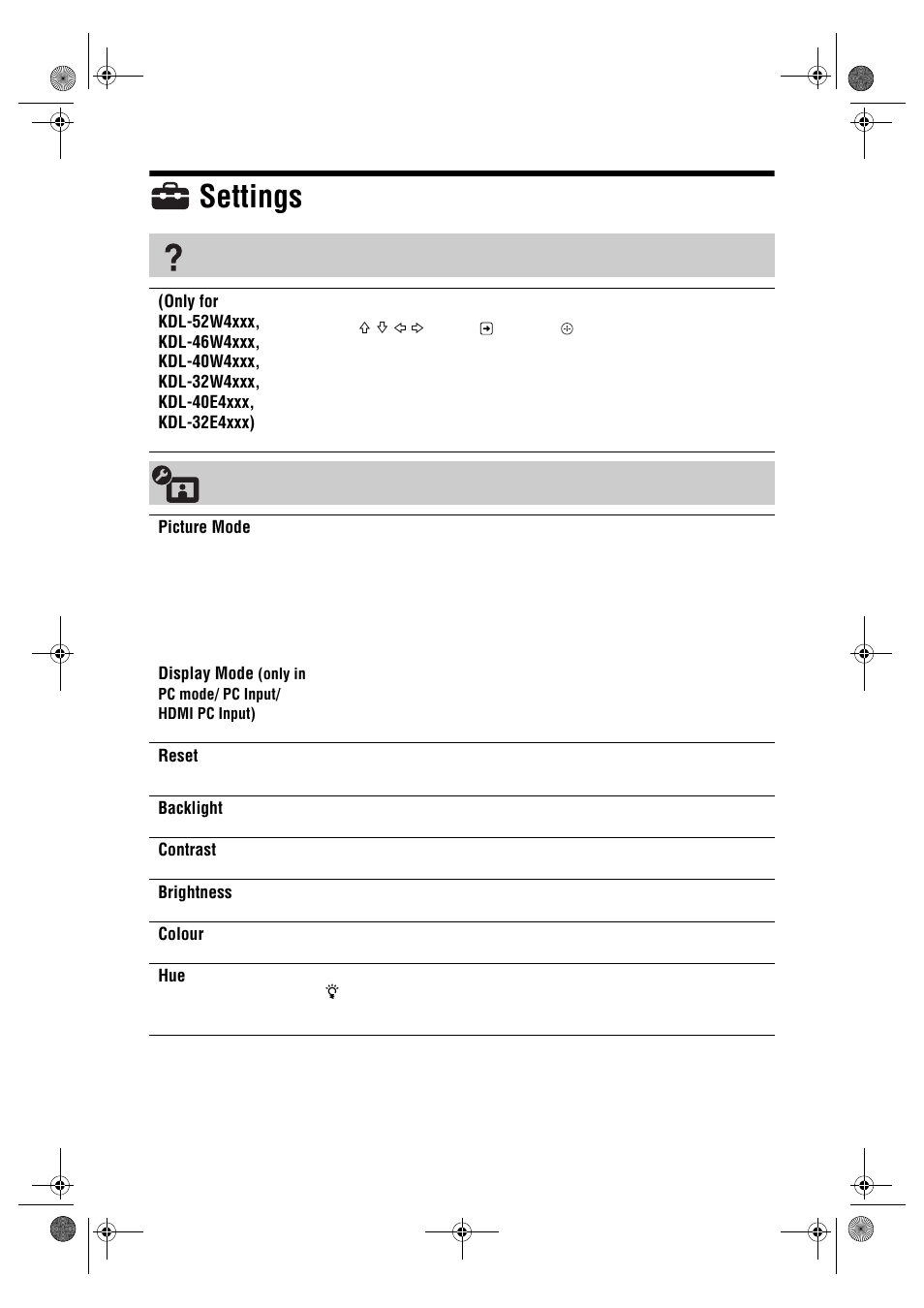 Settings | Sony Bravia KDL-26E40xx User Manual | Page 22 / 36