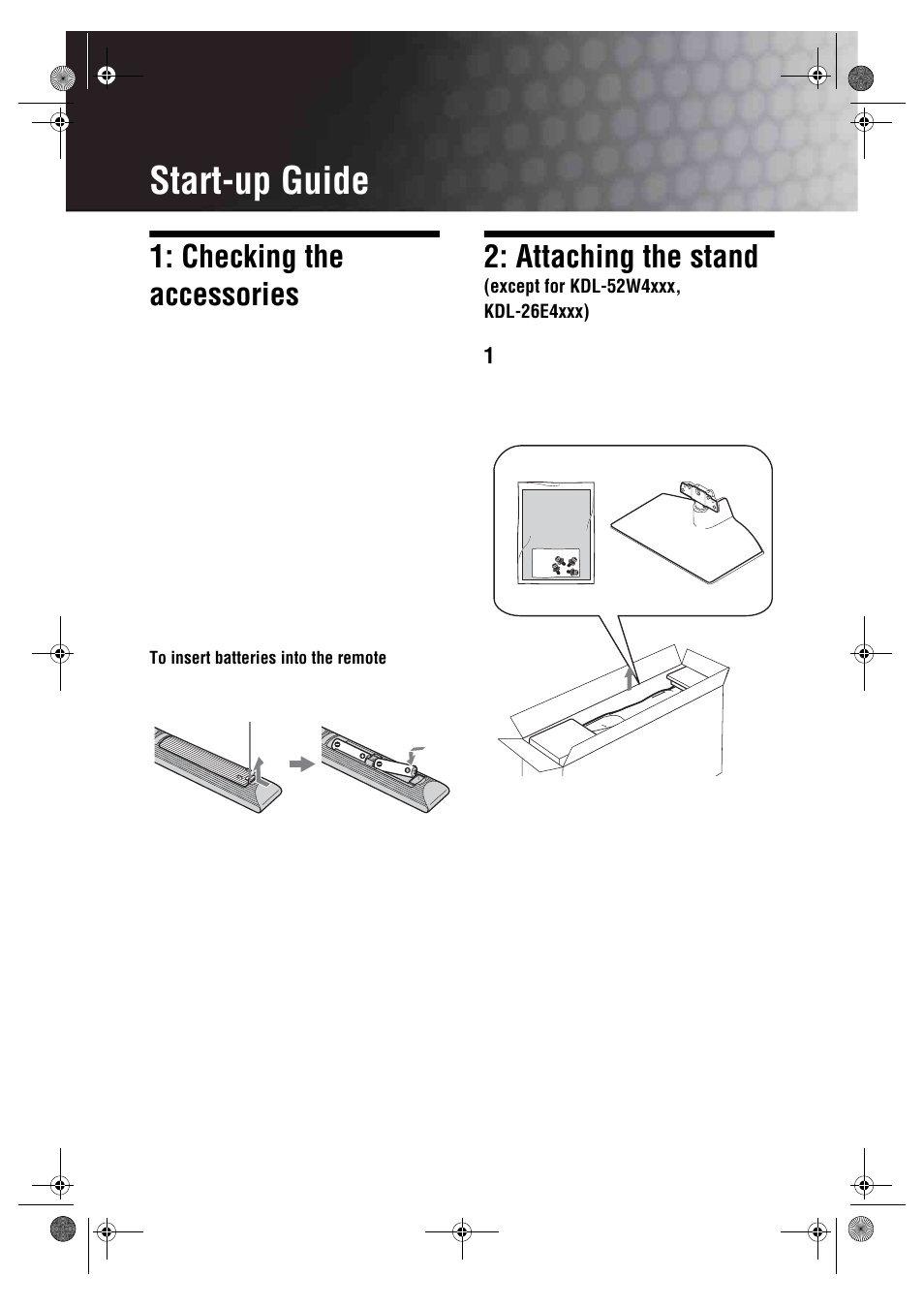 Start-up guide, Checking the accessories, Attaching the stand | Sony Bravia KDL-26E40xx User Manual | Page 4 / 36