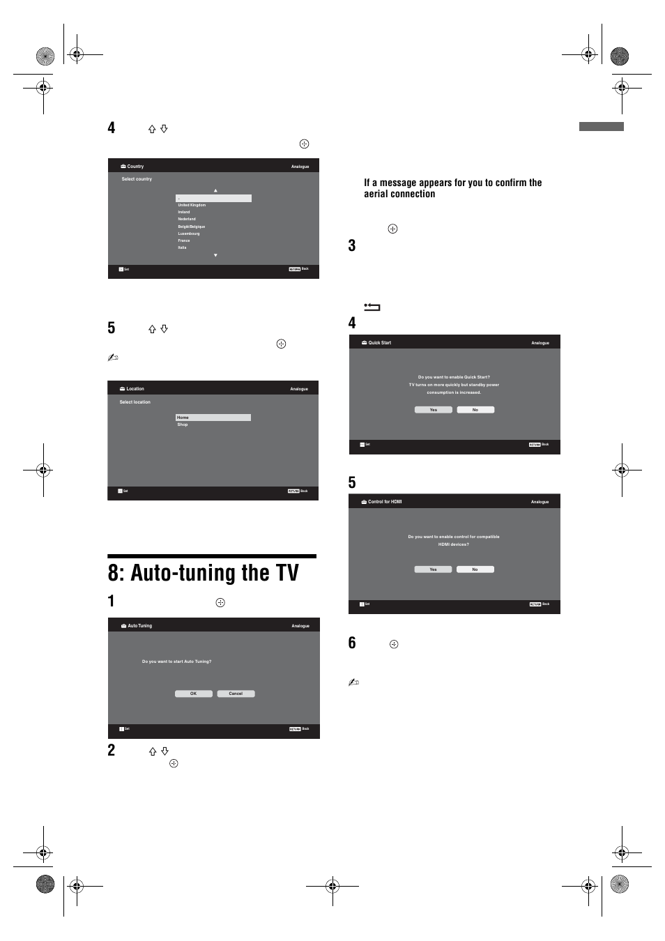 Auto-tuning the tv, Press, Select ok then press | Sony Bravia KDL-26E40xx User Manual | Page 7 / 36