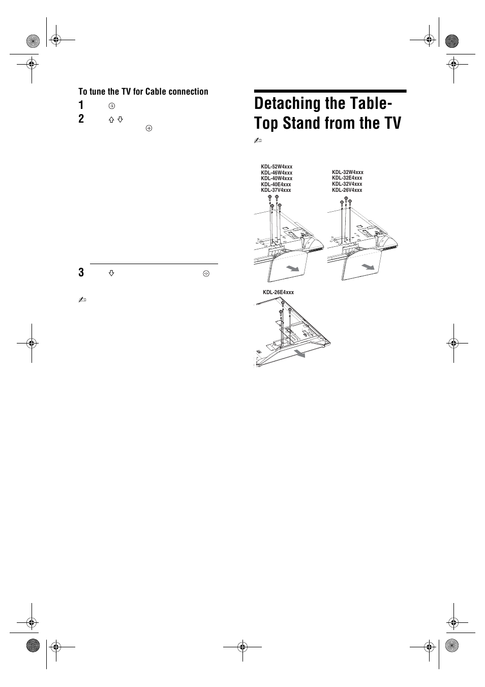 Detaching the table- top stand from the tv | Sony Bravia KDL-26E40xx User Manual | Page 8 / 36