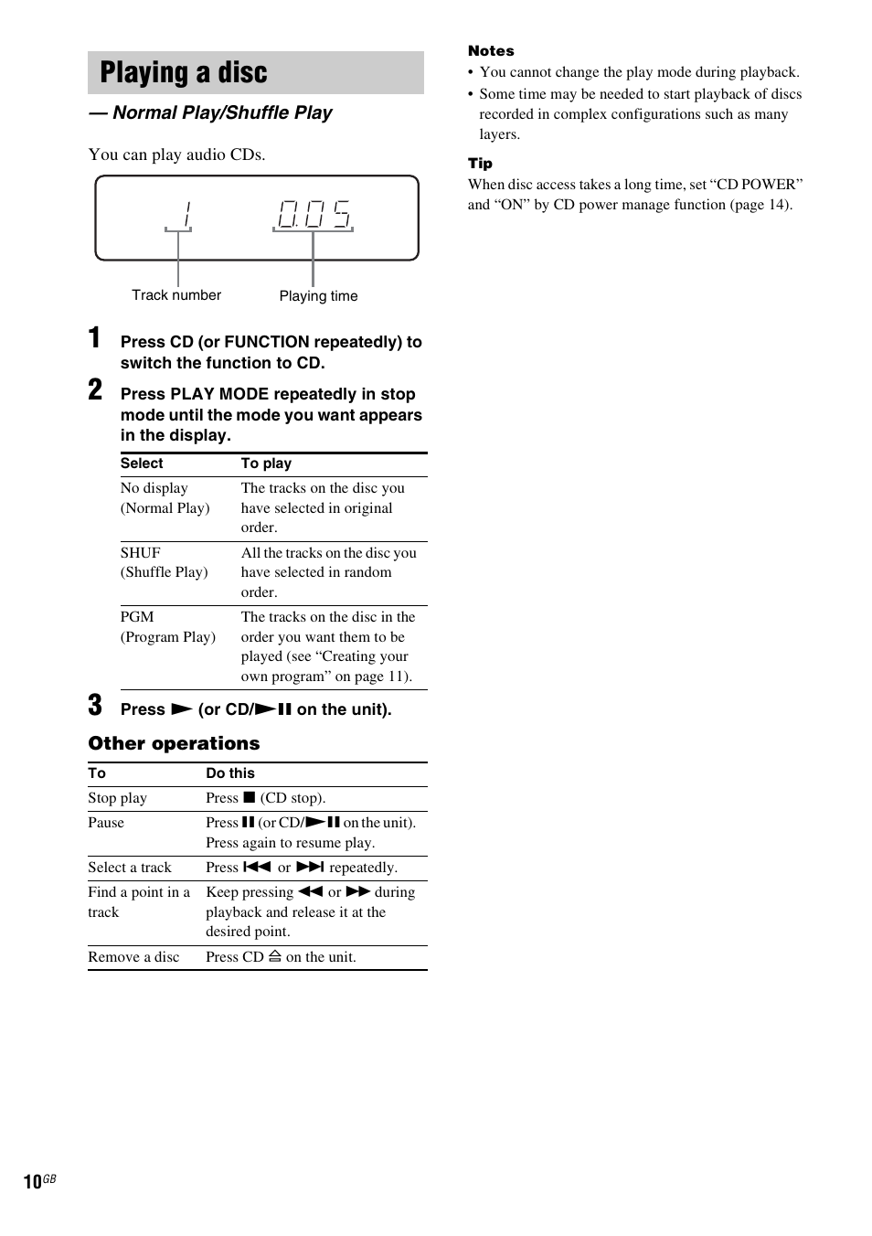 Playing a disc, Normal play/shuffle play | Sony CMT-GPX9DAB User Manual | Page 10 / 36