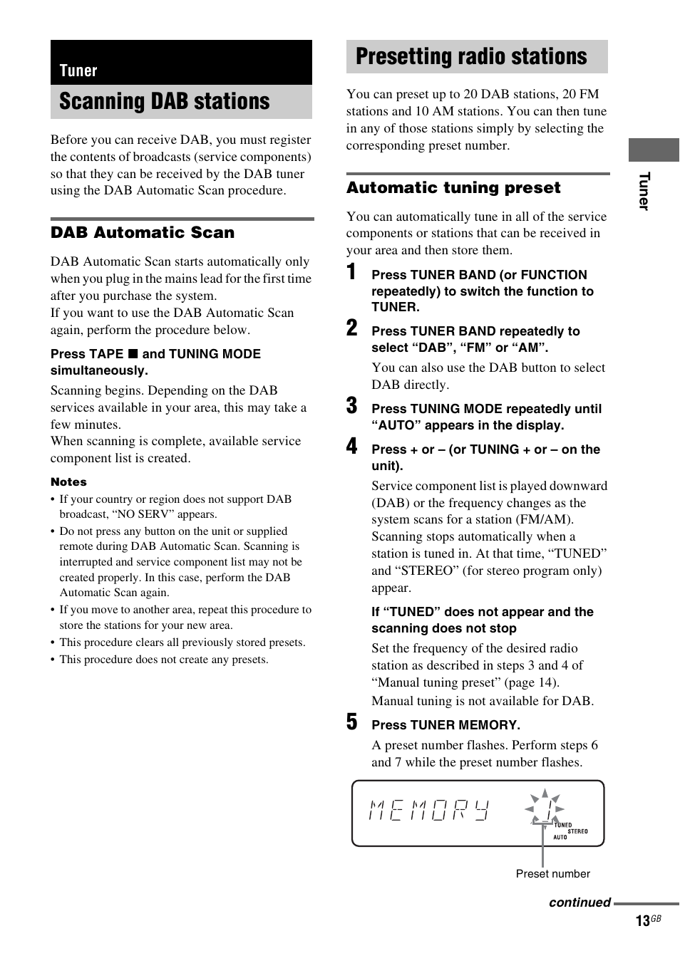 Tuner, Scanning dab stations, Presetting radio stations | Scanning dab stations presetting radio stations | Sony CMT-GPX9DAB User Manual | Page 13 / 36