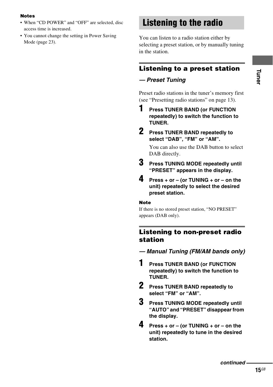 Listening to the radio, Preset tuning, Manual tuning (fm/am bands only) | Preset tuning — manual tuning (fm/am bands only) | Sony CMT-GPX9DAB User Manual | Page 15 / 36