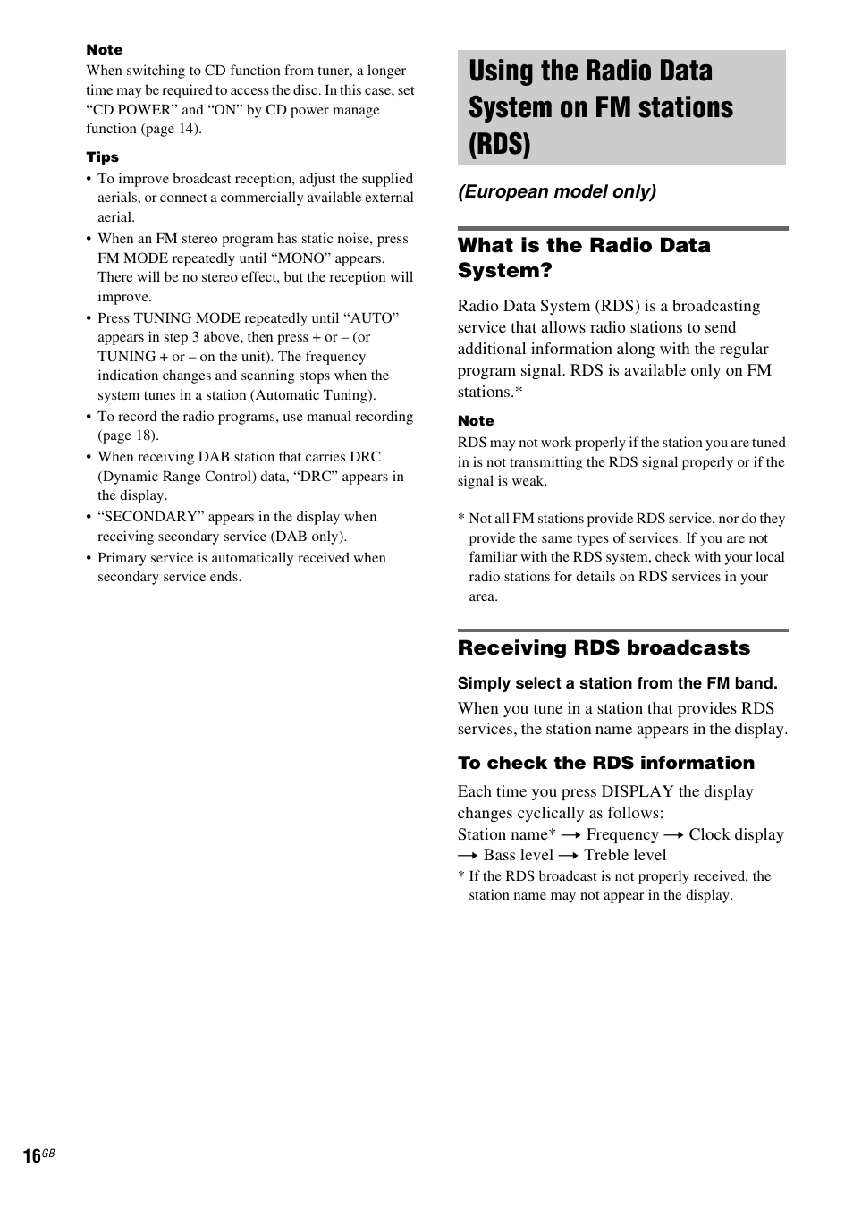 Using the radio data system on fm stations (rds), European model only), Using the radio data system on fm | Stations (rds) (european model only), What is the radio data system, Receiving rds broadcasts | Sony CMT-GPX9DAB User Manual | Page 16 / 36