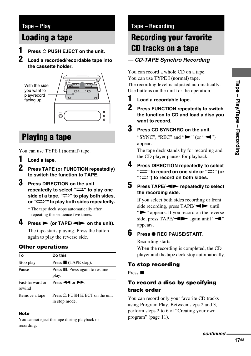 Tape - play, Loading a tape, Playing a tape | Tape - recording, Recording your favorite cd tracks on a tape, Cd-tape synchro recording, Tape – play, Loading a tape playing a tape, Tape – recording, Recording your favorite cd tracks on a | Sony CMT-GPX9DAB User Manual | Page 17 / 36