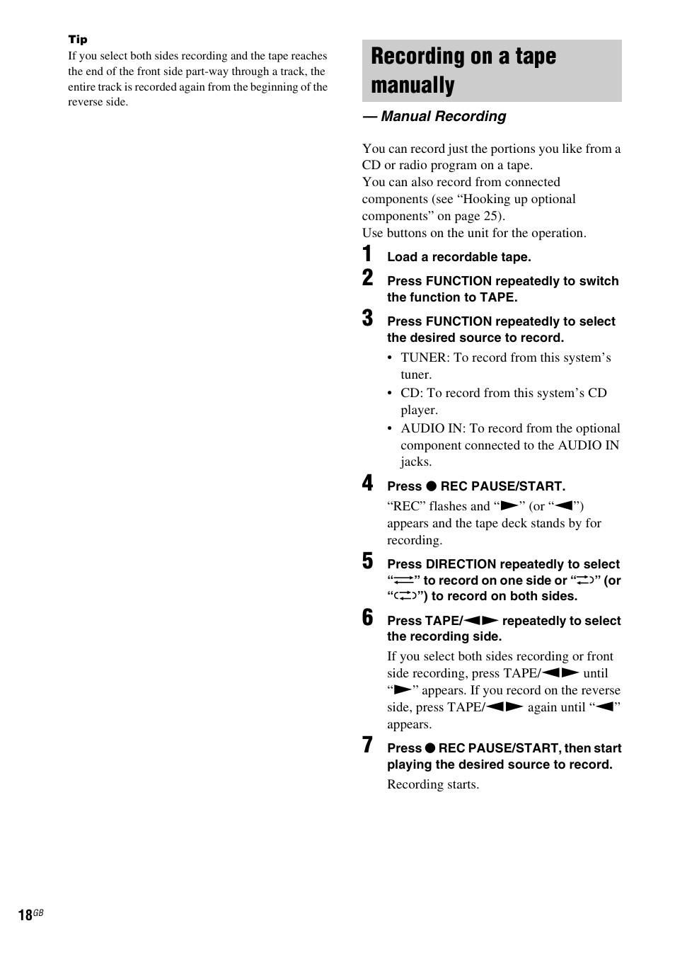 Recording on a tape manually, Manual recording | Sony CMT-GPX9DAB User Manual | Page 18 / 36