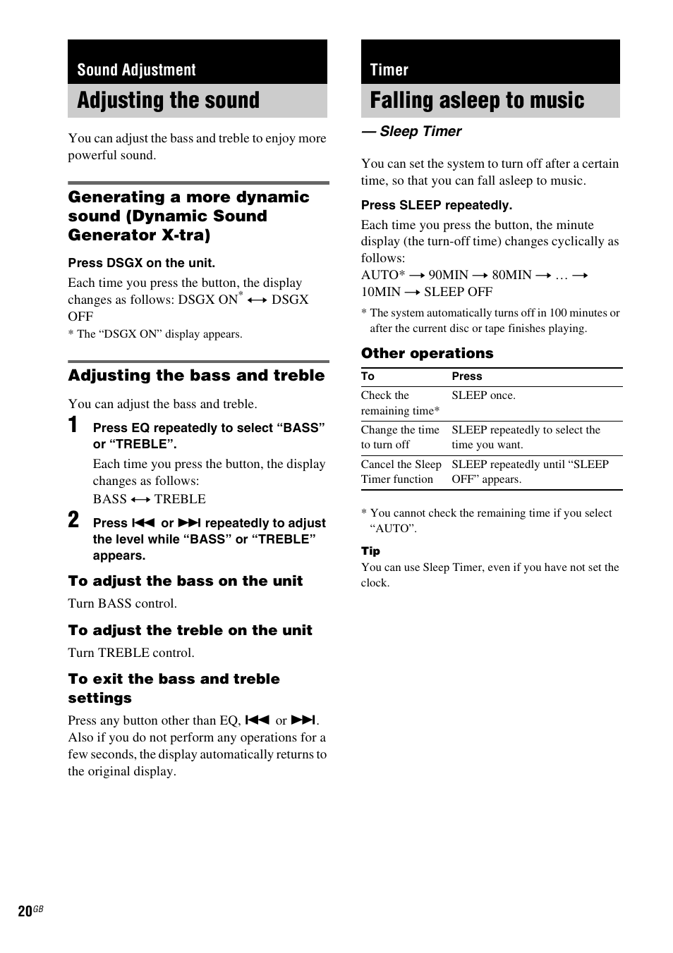 Sound adjustment, Adjusting the sound, Timer | Falling asleep to music, Sleep timer | Sony CMT-GPX9DAB User Manual | Page 20 / 36