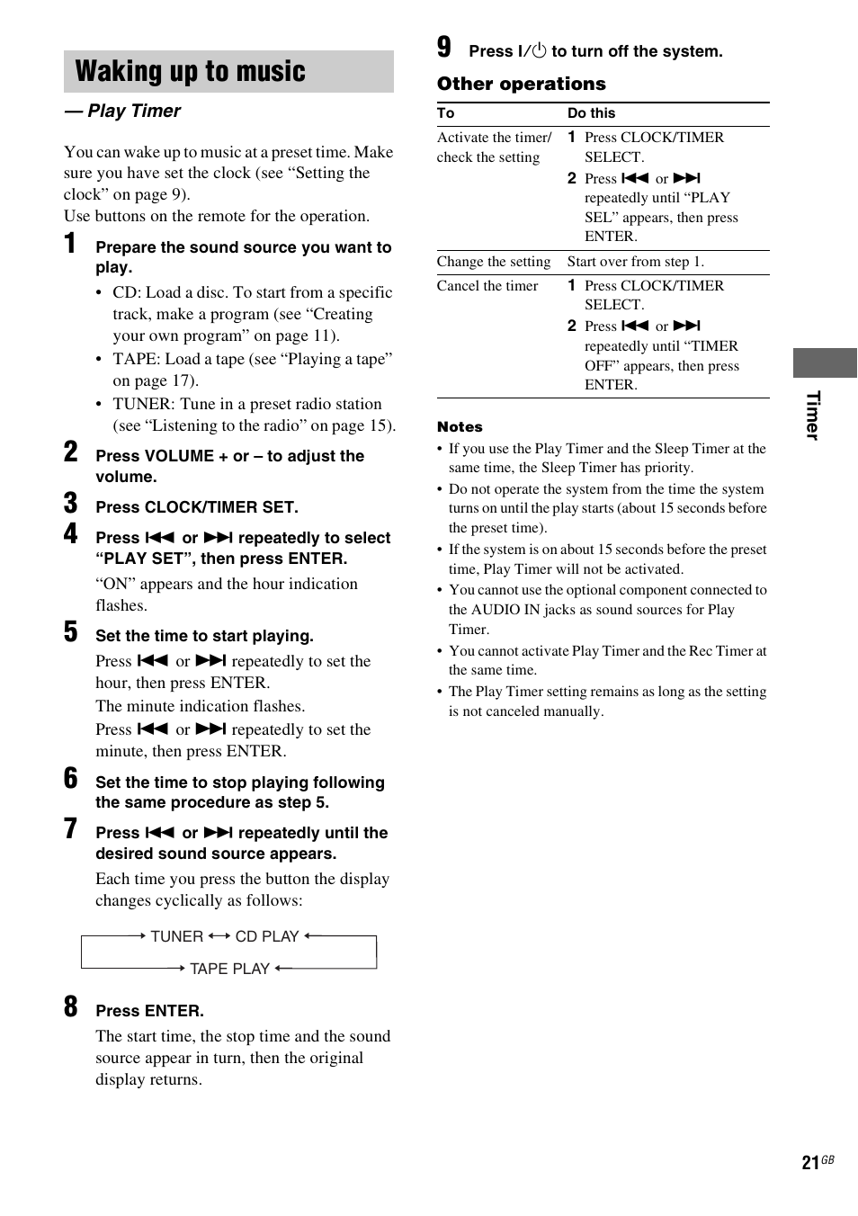 Waking up to music, Play timer | Sony CMT-GPX9DAB User Manual | Page 21 / 36