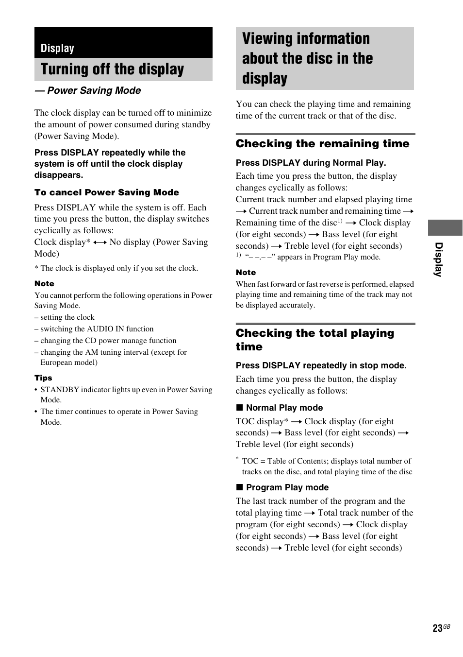 Display, Turning off the display, Power saving mode | Viewing information about the disc in the display, Checking the remaining time, Checking the total playing time | Sony CMT-GPX9DAB User Manual | Page 23 / 36