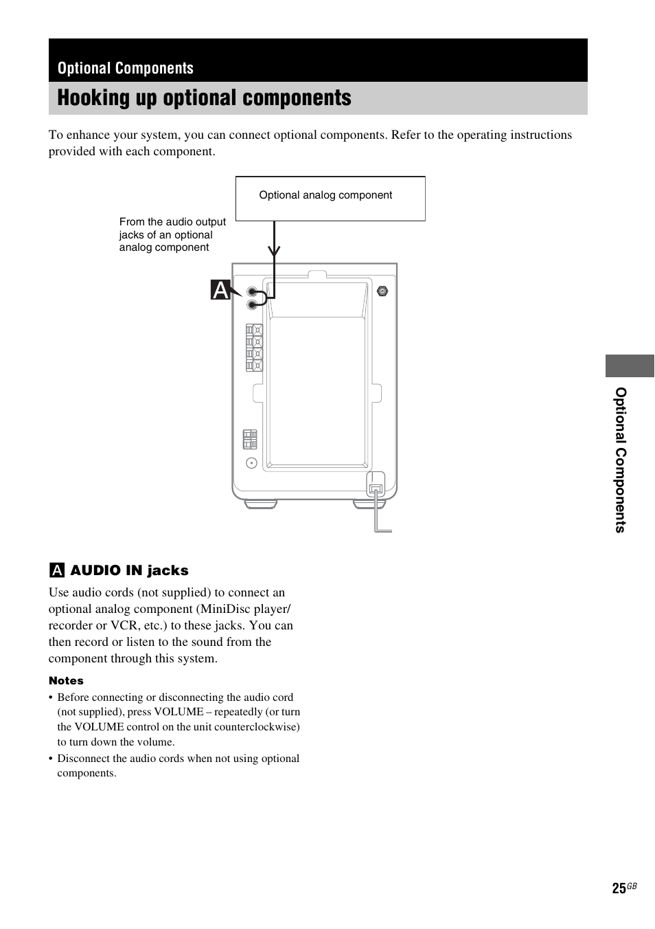 Optional components, Hooking up optional components | Sony CMT-GPX9DAB User Manual | Page 25 / 36