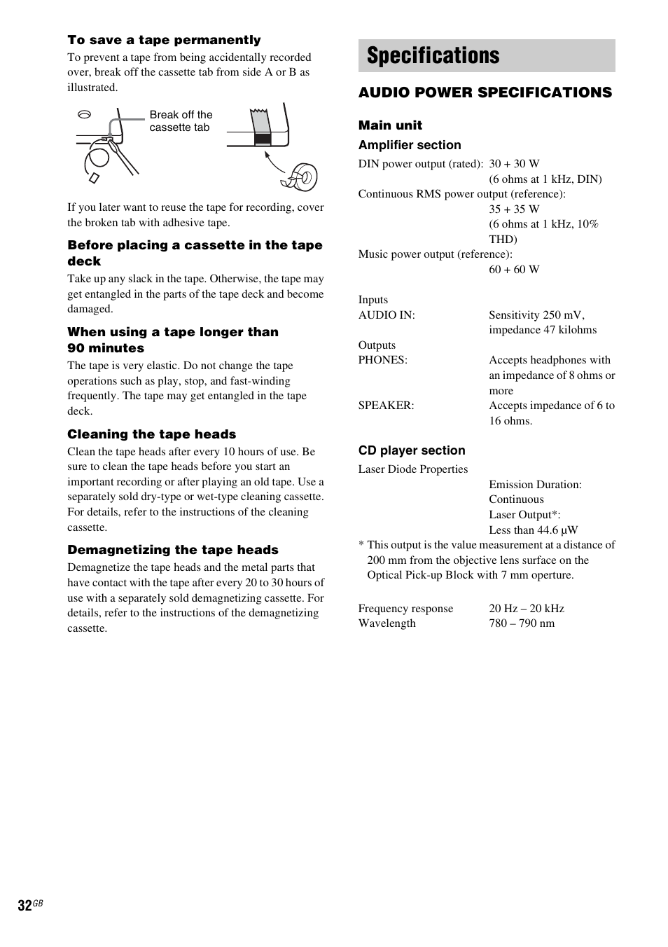 Specifications, Audio power specifications | Sony CMT-GPX9DAB User Manual | Page 32 / 36