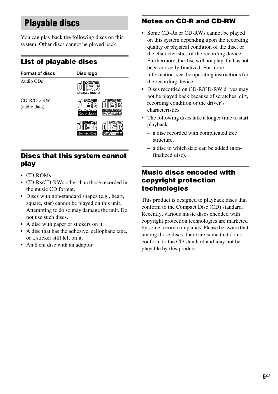 Playable discs | Sony CMT-GPX9DAB User Manual | Page 5 / 36