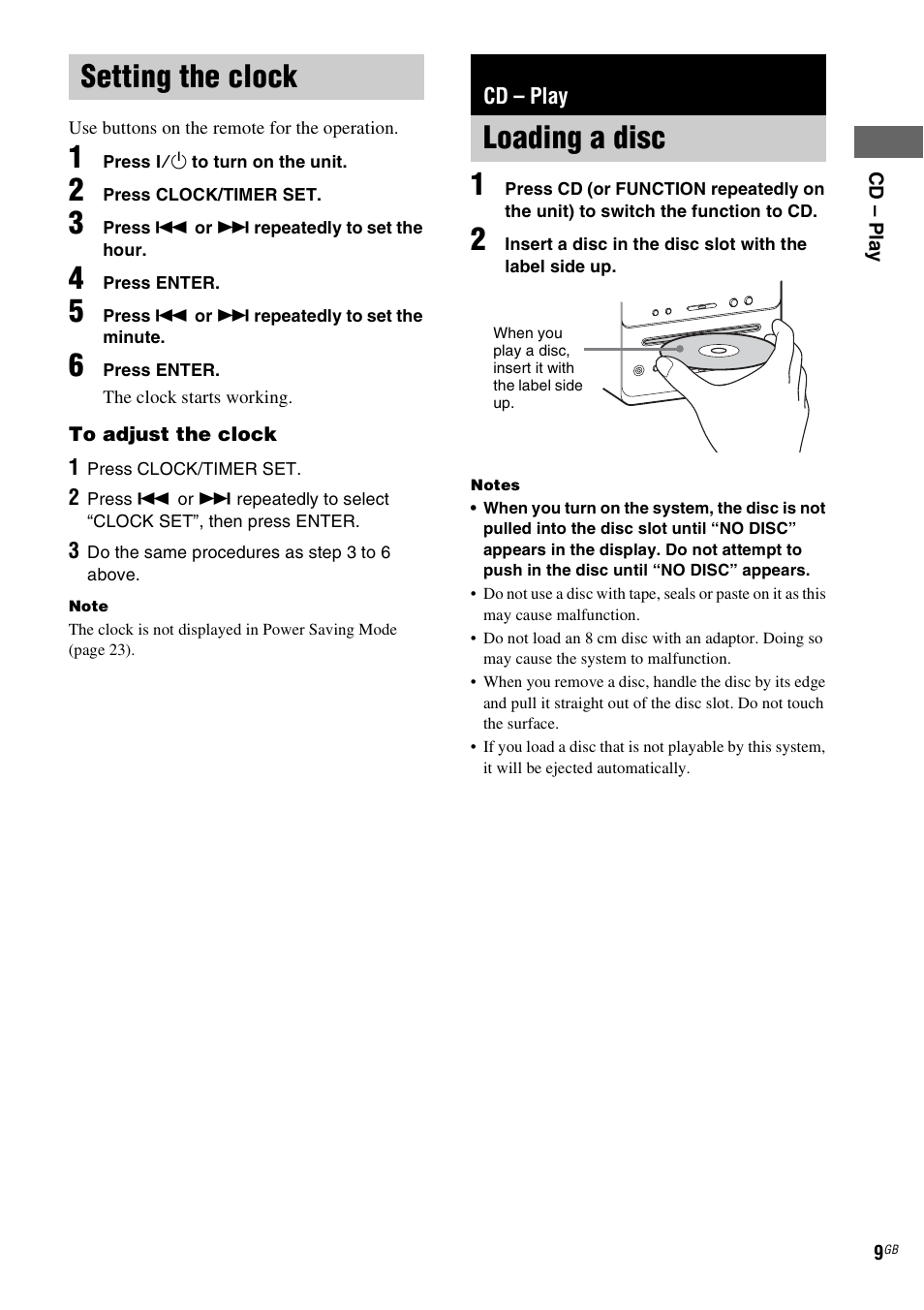 Setting the clock, Cd - play, Loading a disc | Cd – play | Sony CMT-GPX9DAB User Manual | Page 9 / 36