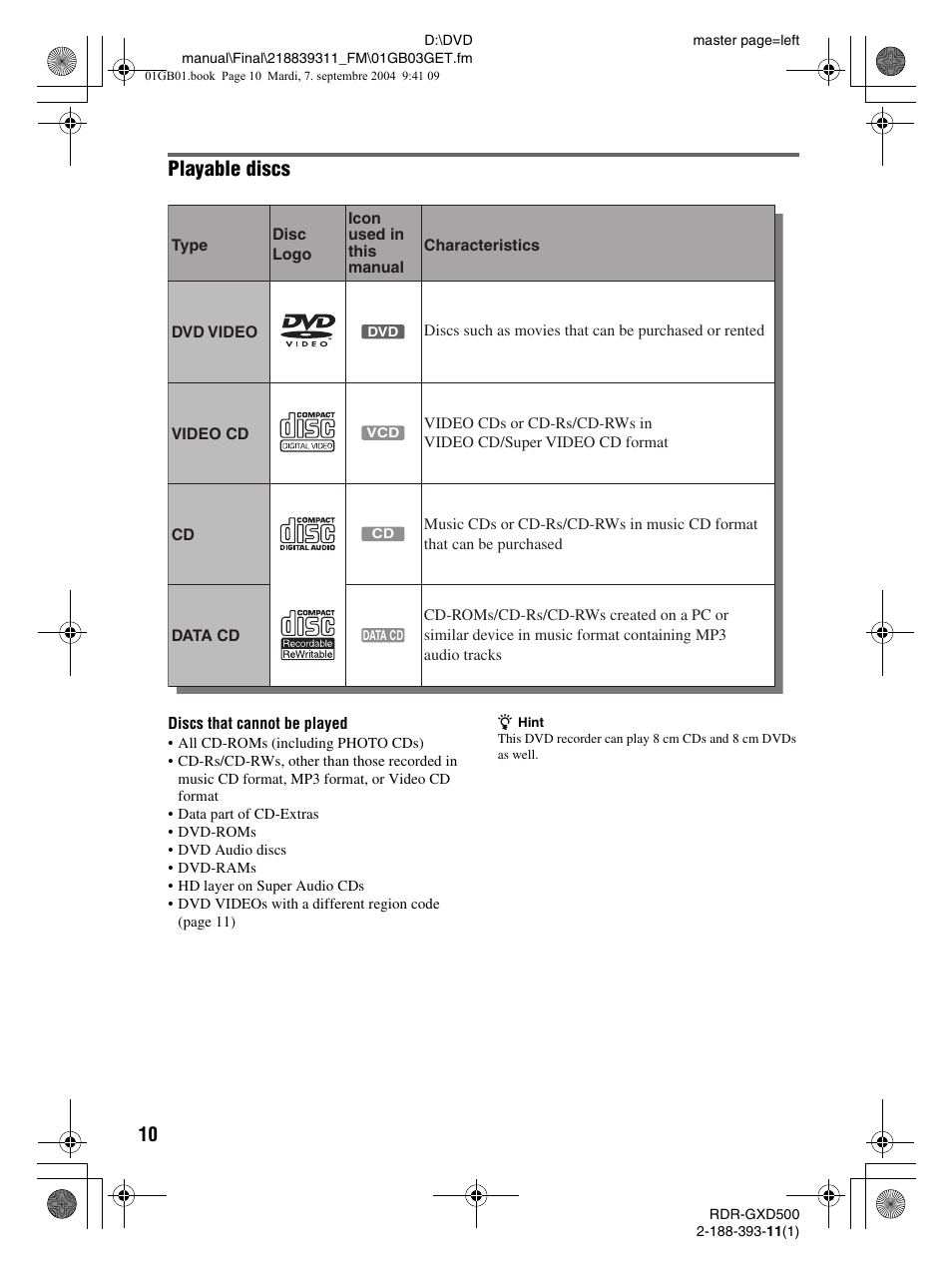 Playable discs | Sony RDR-GXD500 User Manual | Page 10 / 110