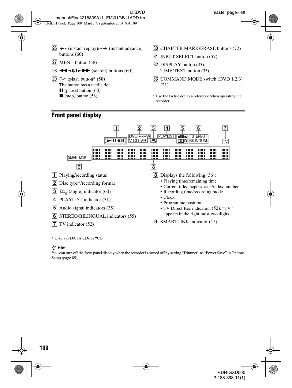 Front panel display | Sony RDR-GXD500 User Manual | Page 100 / 110