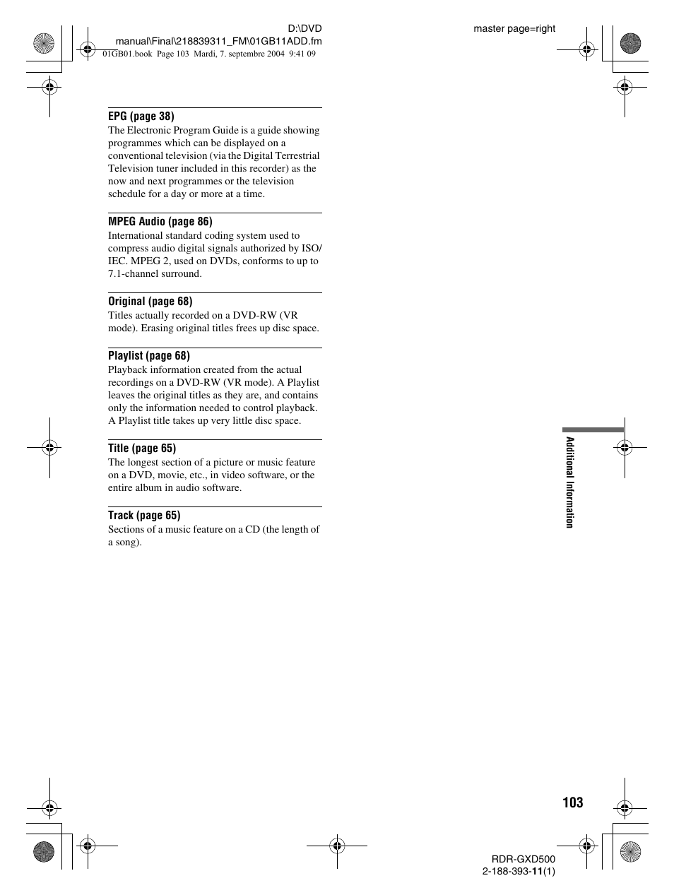 Sony RDR-GXD500 User Manual | Page 103 / 110