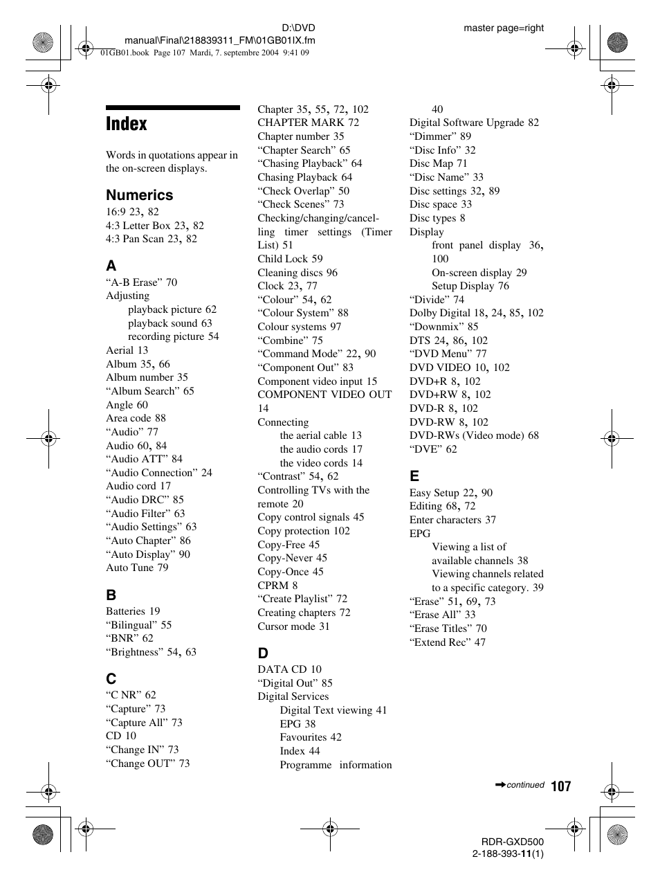 Index | Sony RDR-GXD500 User Manual | Page 107 / 110