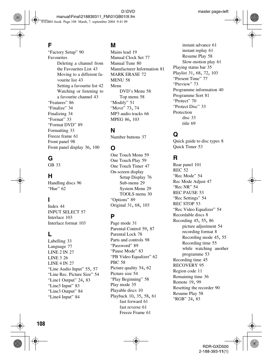 Sony RDR-GXD500 User Manual | Page 108 / 110