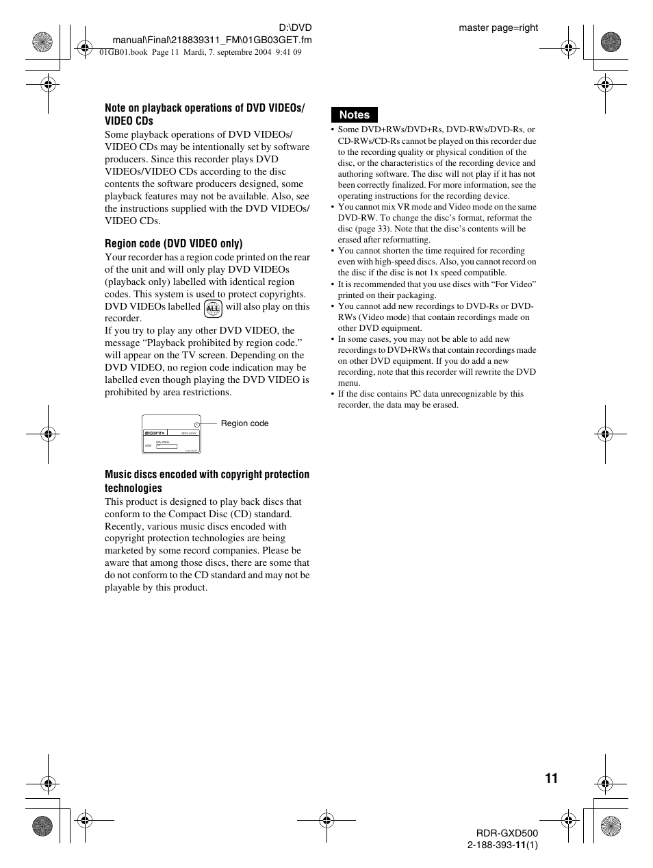 Region code (dvd video only) | Sony RDR-GXD500 User Manual | Page 11 / 110