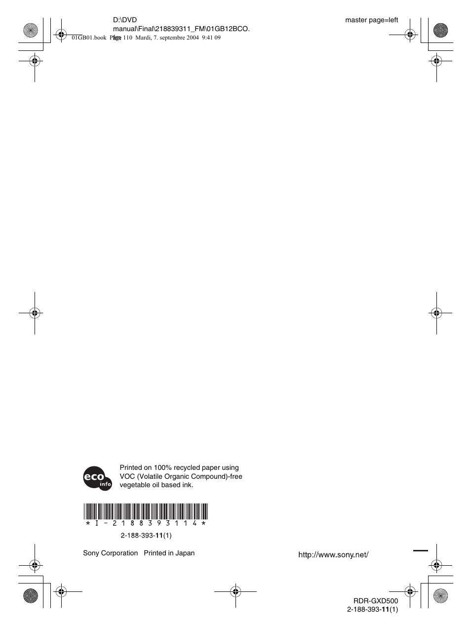 Sony RDR-GXD500 User Manual | Page 110 / 110