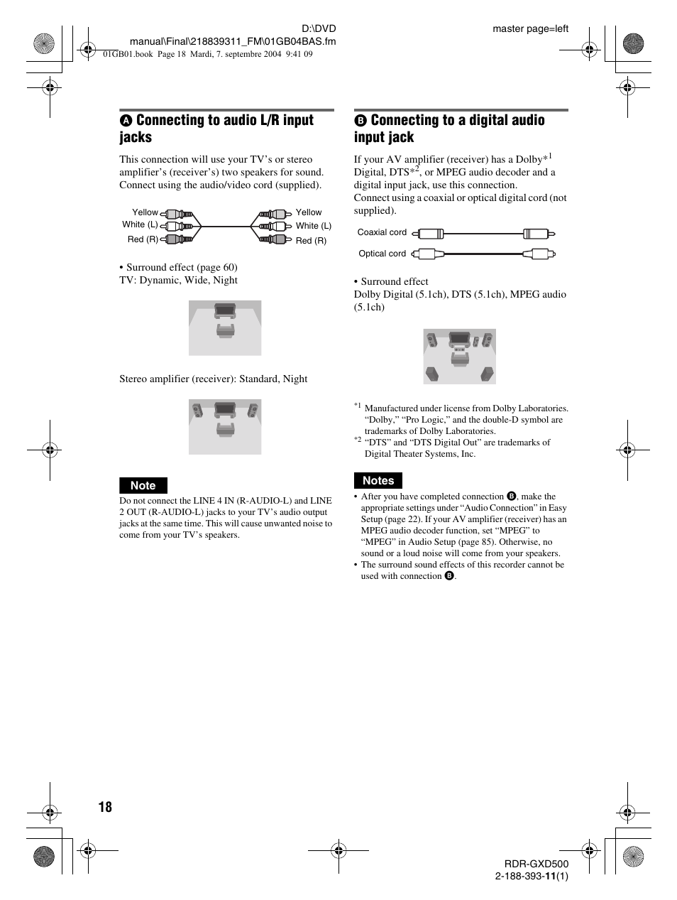 Connecting to audio l/r input jacks, Connecting to a digital audio input jack | Sony RDR-GXD500 User Manual | Page 18 / 110