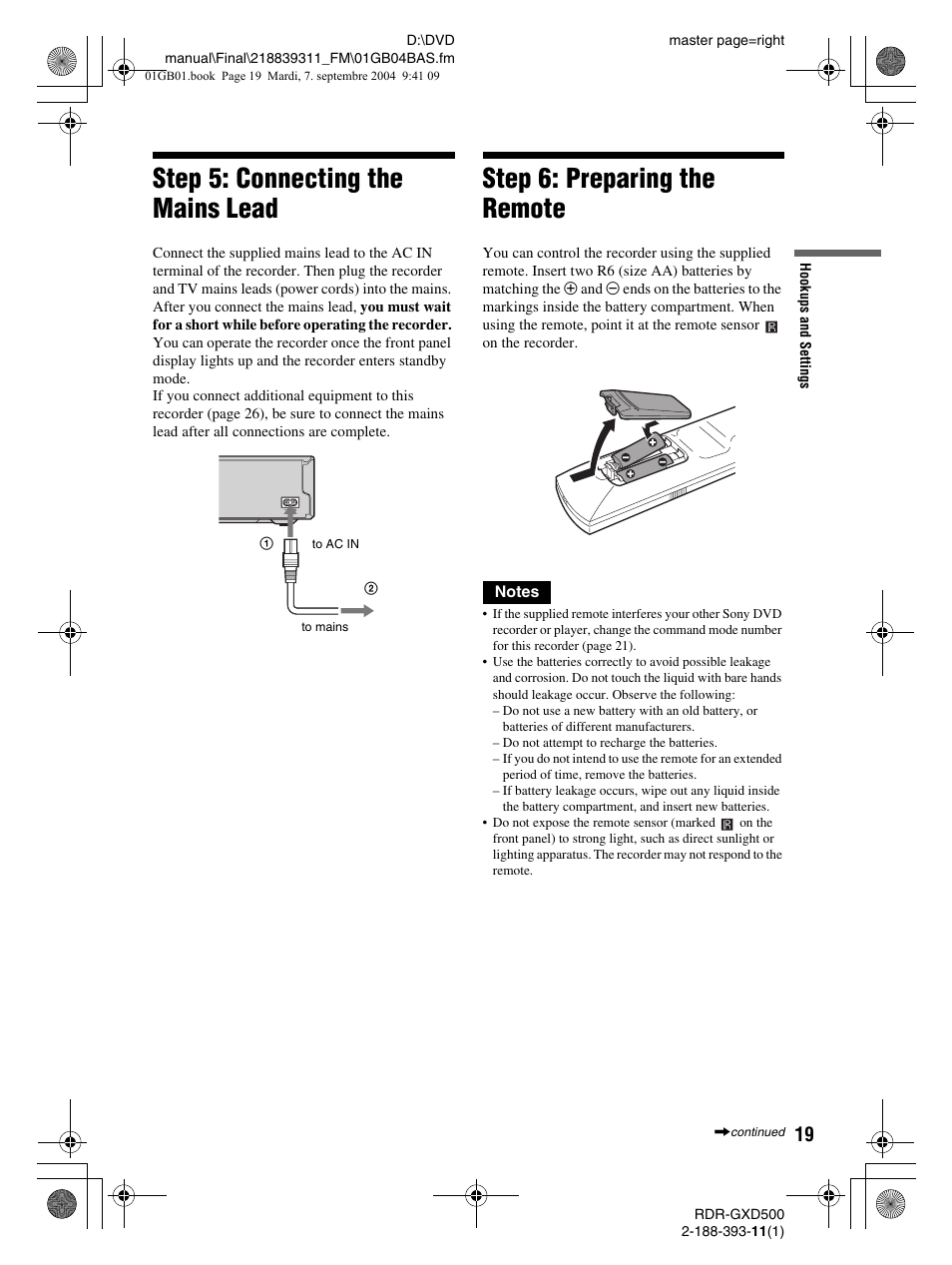 Step 5: connecting the mains lead, Step 6: preparing the remote | Sony RDR-GXD500 User Manual | Page 19 / 110