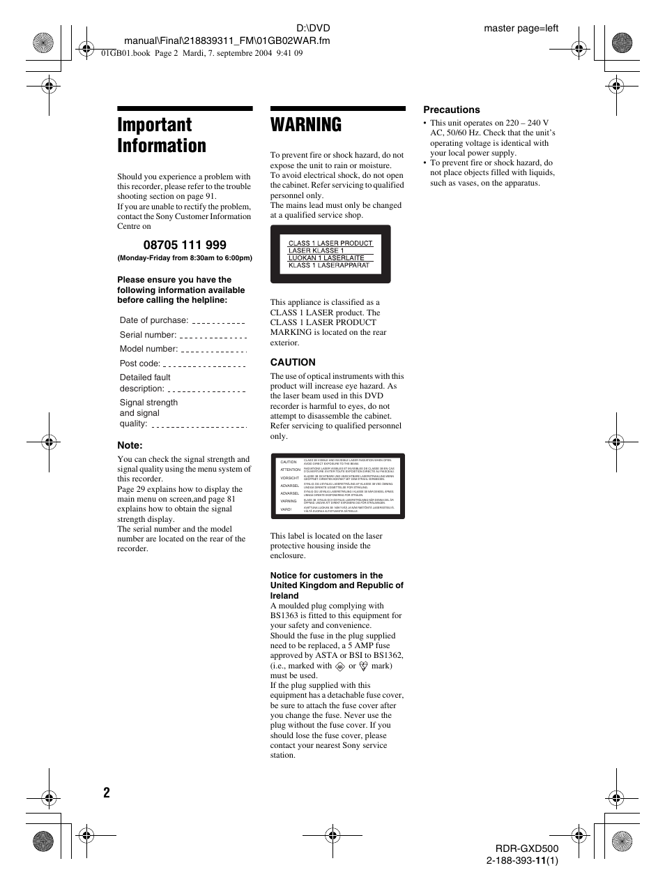 Important information, Warning, Caution | Precautions | Sony RDR-GXD500 User Manual | Page 2 / 110