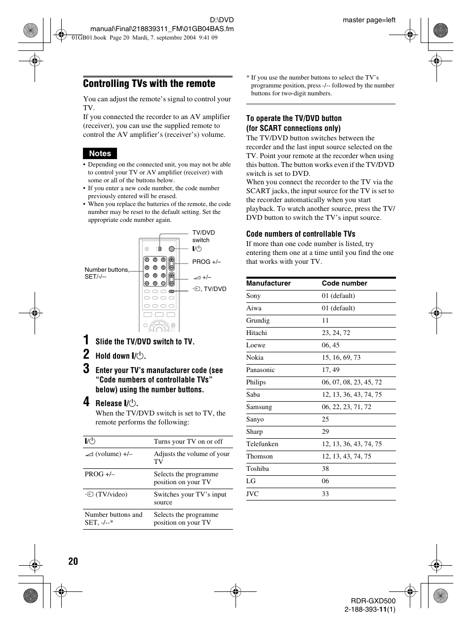 Controlling tvs with the remote | Sony RDR-GXD500 User Manual | Page 20 / 110