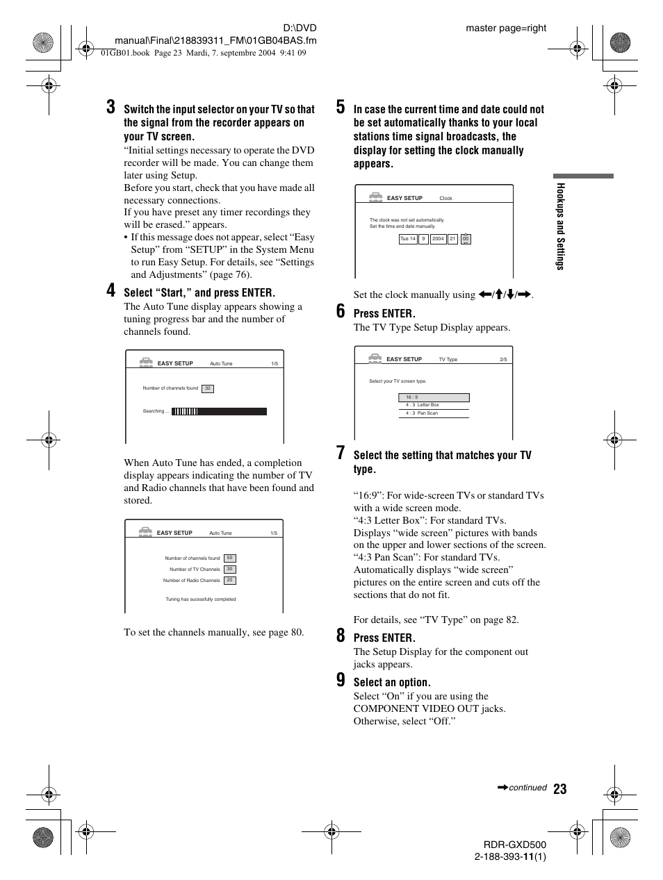 Select “start,” and press enter, Press enter, Select the setting that matches your tv type | Select an option | Sony RDR-GXD500 User Manual | Page 23 / 110