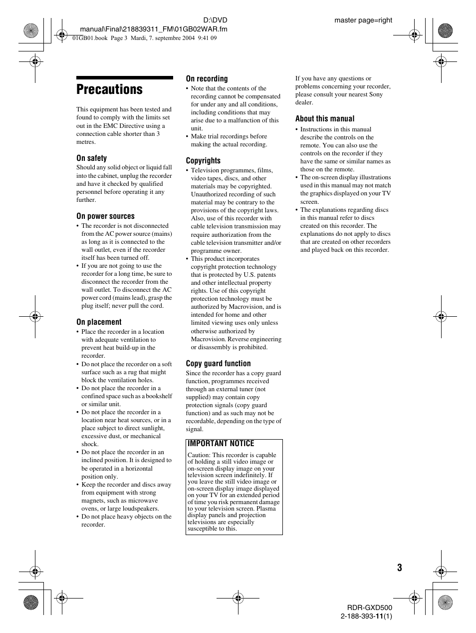 Precautions | Sony RDR-GXD500 User Manual | Page 3 / 110