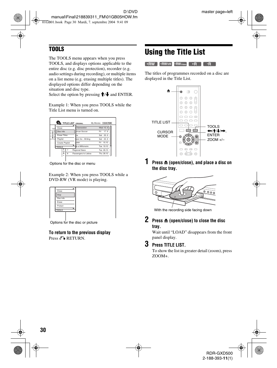 Using the title list, Tools, Press z (open/close) to close the disc tray | Press title list, Press o return | Sony RDR-GXD500 User Manual | Page 30 / 110