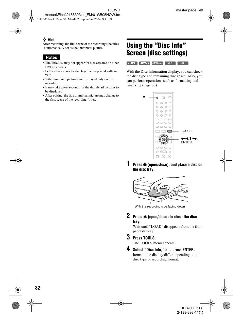 Using the “disc info” screen (disc settings) | Sony RDR-GXD500 User Manual | Page 32 / 110