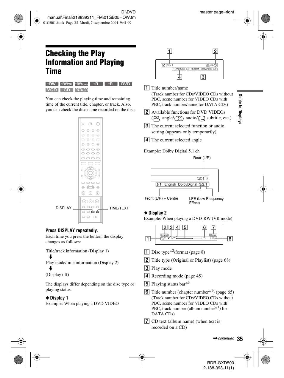 Checking the play information and playing time, Press display repeatedly, Display 1 | A title number/name, Display 2, A disc type, F title number (chapter number, Page 65) | Sony RDR-GXD500 User Manual | Page 35 / 110